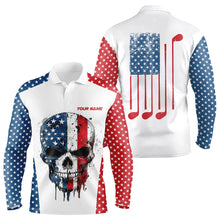 Load image into Gallery viewer, Red, white and blue American Flag Skull Mens golf polo shirts custom patriotic golf attire for mens NQS9375