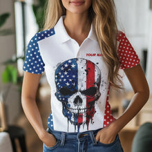 Load image into Gallery viewer, Red, white and blue American Flag Skull Women golf polo shirt custom patriotic golf attire for ladies NQS9375