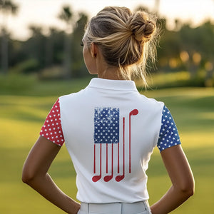 Red, white and blue American Flag Skull Women golf polo shirt custom patriotic golf attire for ladies NQS9375