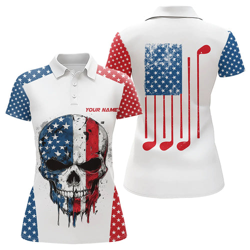 Red, white and blue American Flag Skull Women golf polo shirt custom patriotic golf attire for ladies NQS9375