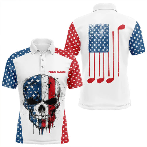 Red, white and blue American Flag Skull Mens golf polo shirts custom patriotic golf attire for mens NQS9375