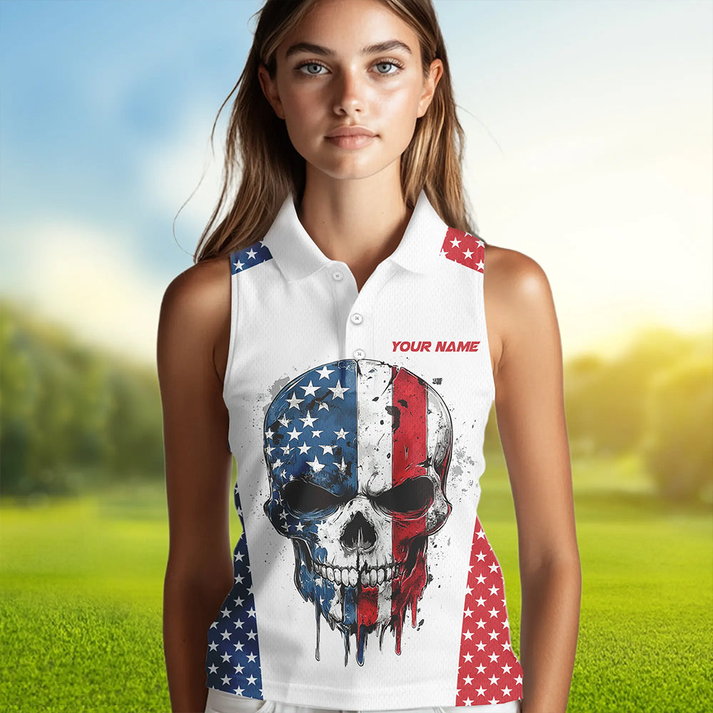 Red, white and blue American Flag Skull Women sleeveless polos custom patriotic golf attire for ladies NQS9375