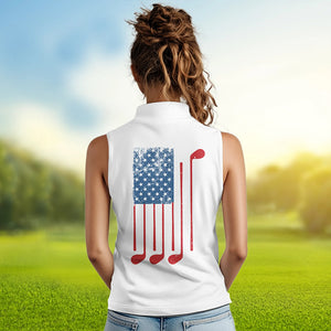 Red, white and blue American Flag Skull Women sleeveless polos custom patriotic golf attire for ladies NQS9375