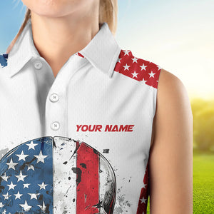 Red, white and blue American Flag Skull Women sleeveless polos custom patriotic golf attire for ladies NQS9375