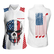 Load image into Gallery viewer, Red, white and blue American Flag Skull Women sleeveless polos custom patriotic golf attire for ladies NQS9375