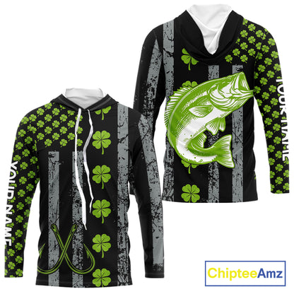 Custom Black Grunge US Flag Green Shamrock St Patrick Largemouth Bass Fishing Shirts, Bass Jerseys NQS11451
