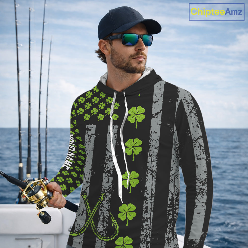 Custom Black Grunge US Flag Green Shamrock St Patrick Largemouth Bass Fishing Shirts, Bass Jerseys NQS11451