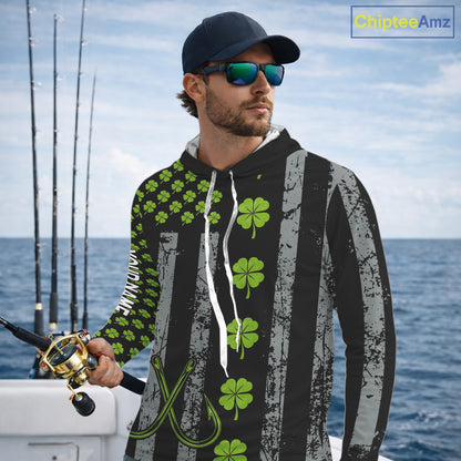 Custom Black Grunge US Flag Green Shamrock St Patrick Largemouth Bass Fishing Shirts, Bass Jerseys NQS11451