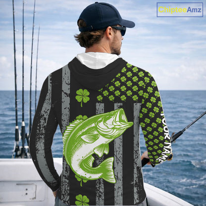 Custom Black Grunge US Flag Green Shamrock St Patrick Largemouth Bass Fishing Shirts, Bass Jerseys NQS11451