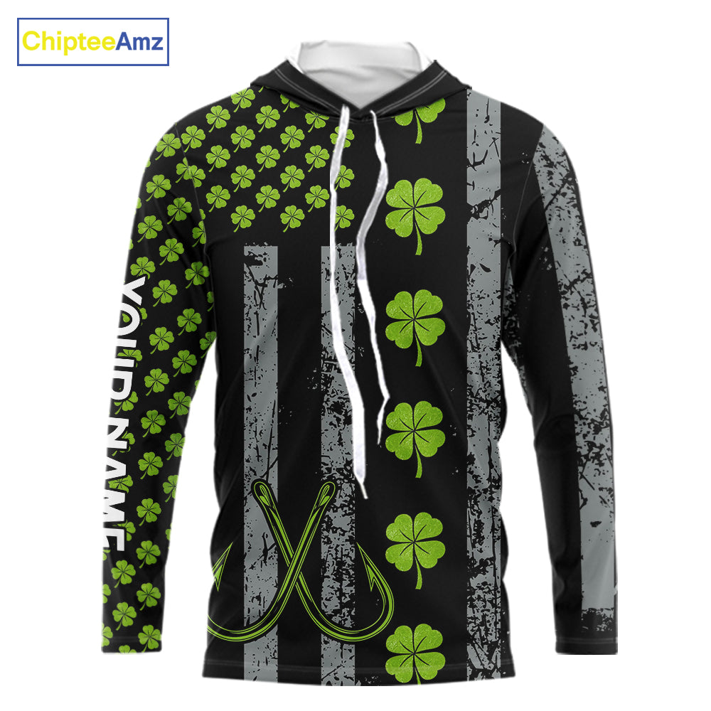 Custom Black Grunge US Flag Green Shamrock St Patrick Largemouth Bass Fishing Shirts, Bass Jerseys NQS11451