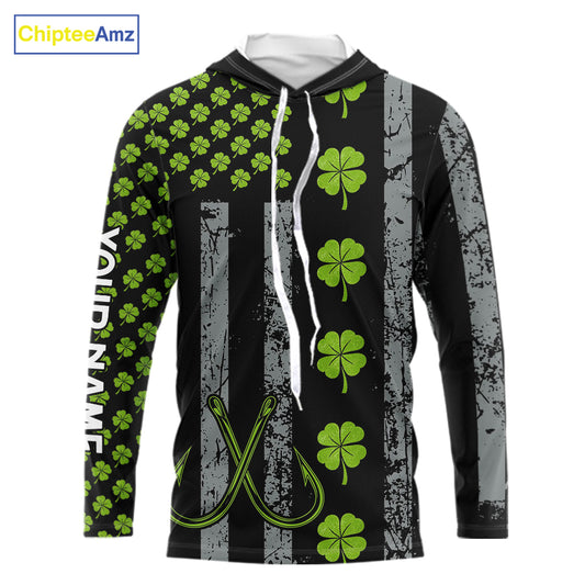 Custom Black Grunge US Flag Green Shamrock St Patrick Largemouth Bass Fishing Shirts, Bass Jerseys NQS11451