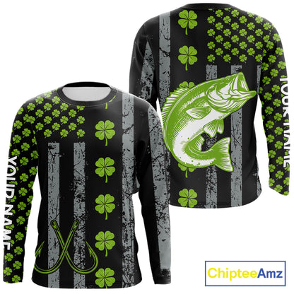 Custom Black Grunge US Flag Green Shamrock St Patrick Largemouth Bass Fishing Shirts, Bass Jerseys NQS11451