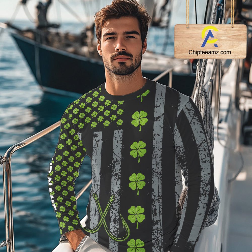 Custom Black Grunge US Flag Green Shamrock St Patrick Largemouth Bass Fishing Shirts, Bass Jerseys NQS11451