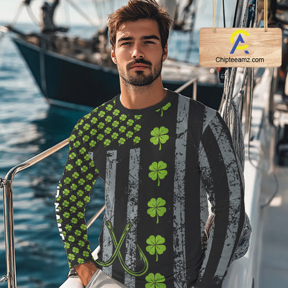 Custom Black Grunge US Flag Green Shamrock St Patrick Largemouth Bass Fishing Shirts, Bass Jerseys NQS11451