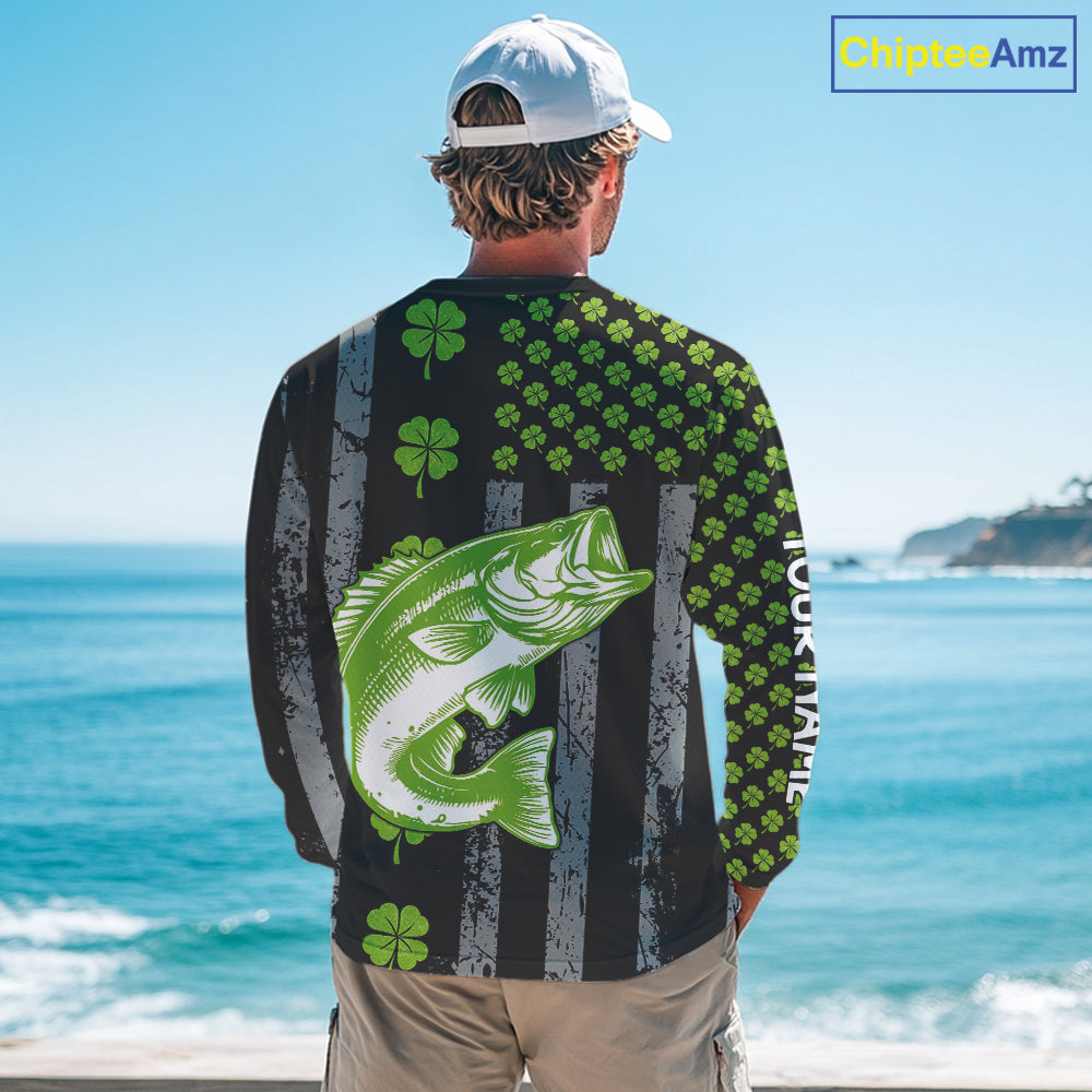Custom Black Grunge US Flag Green Shamrock St Patrick Largemouth Bass Fishing Shirts, Bass Jerseys NQS11451