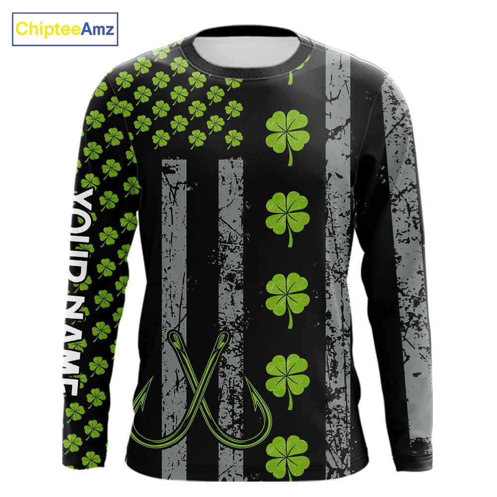 Custom Black Grunge US Flag Green Shamrock St Patrick Largemouth Bass Fishing Shirts, Bass Jerseys NQS11451