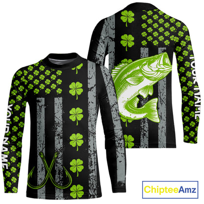 Custom Black Grunge US Flag Green Shamrock St Patrick Largemouth Bass Fishing Shirts, Bass Jerseys NQS11451