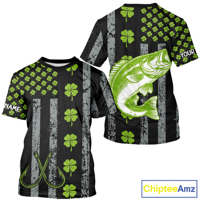 Custom Black Grunge US Flag Green Shamrock St Patrick Largemouth Bass Fishing Shirts, Bass Jerseys NQS11451