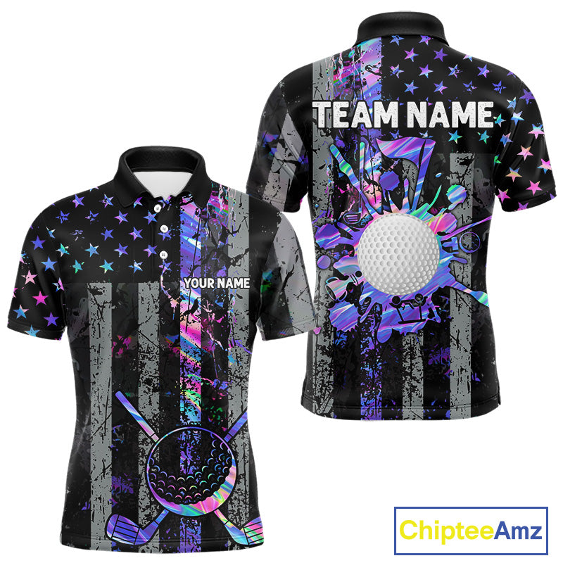 Black American Flag Hologram Mens golf polo shirts Custom patriotic mens golf shirts, best golf gifts NQS11640
