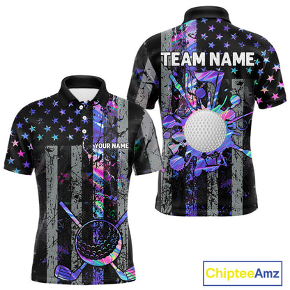 Black American Flag Hologram Mens golf polo shirts Custom patriotic mens golf shirts, best golf gifts NQS11640