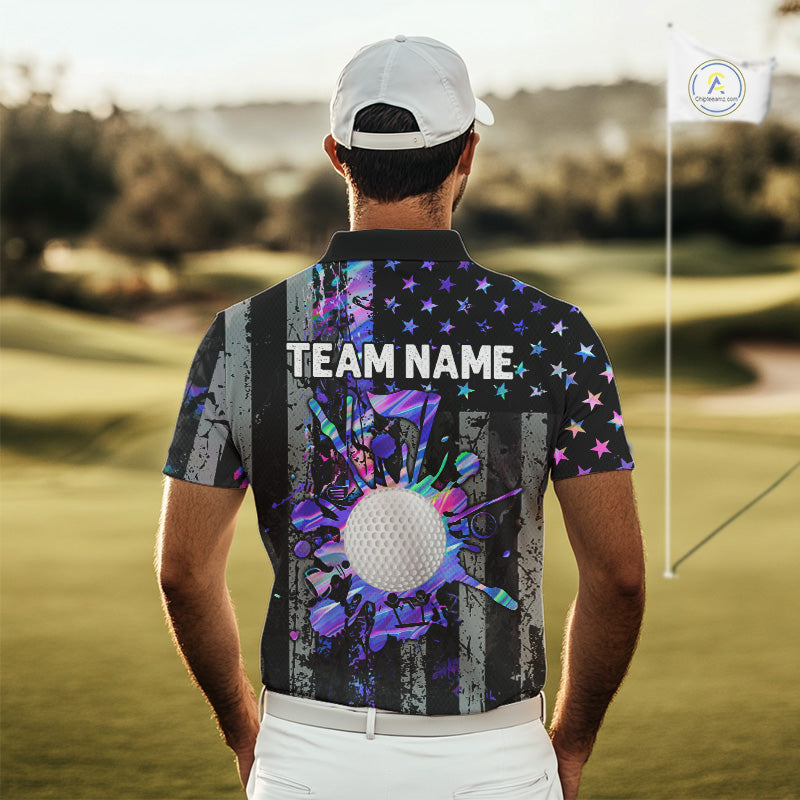 Black American Flag Hologram Mens golf polo shirts Custom patriotic mens golf shirts, best golf gifts NQS11640