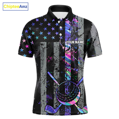 Black American Flag Hologram Mens golf polo shirts Custom patriotic mens golf shirts, best golf gifts NQS11640