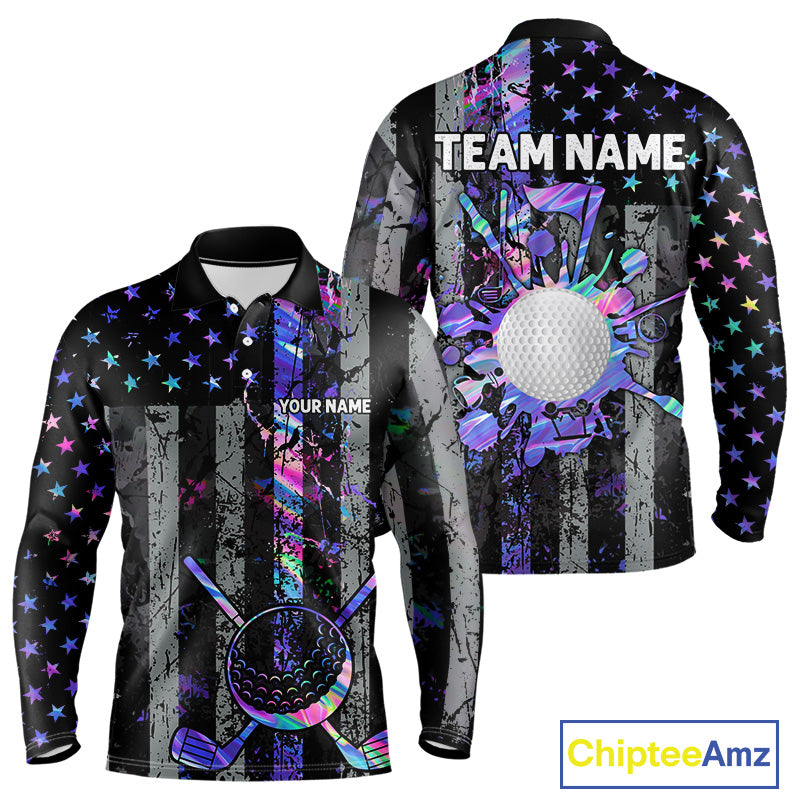 Black American Flag Hologram Mens golf polo shirts Custom patriotic mens golf shirts, best golf gifts NQS11640