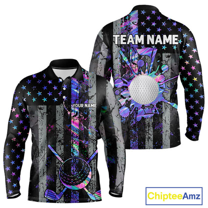 Black American Flag Hologram Mens golf polo shirts Custom patriotic mens golf shirts, best golf gifts NQS11640
