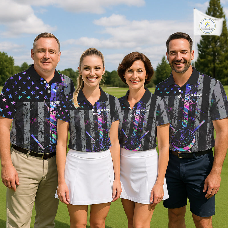 Black American Flag Hologram Mens golf polo shirts Custom patriotic mens golf shirts, best golf gifts NQS11640