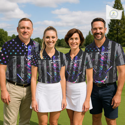 Black American Flag Hologram Mens golf polo shirts Custom patriotic mens golf shirts, best golf gifts NQS11640