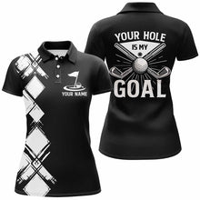 Load image into Gallery viewer, Black and white argyle pattern Women golf polo shirts custom golf outfits ladies your hole is my goal NQS8249