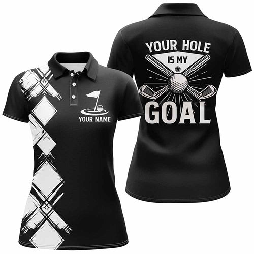 Black and white argyle pattern Women golf polo shirts custom golf outfits ladies your hole is my goal NQS8249