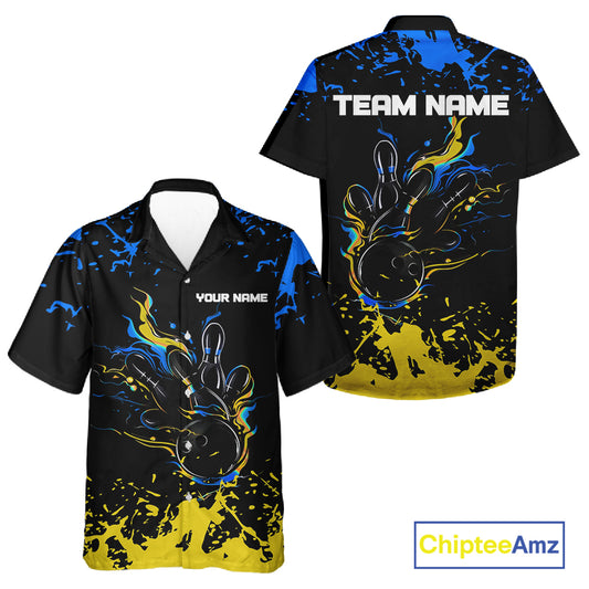 Personalized Black, Blue and Yellow Bowling Hawaiian Shirt, Bowling Ball & Pins Bowling Team Shirts NQS11465
