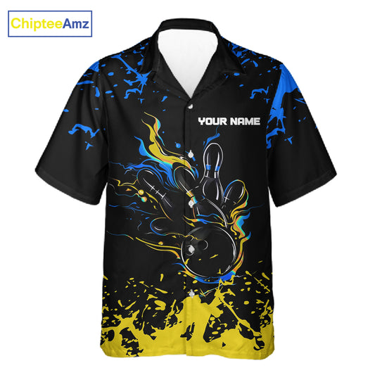 Personalized Black, Blue and Yellow Bowling Hawaiian Shirt, Bowling Ball & Pins Bowling Team Shirts NQS11465