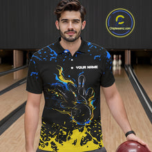 Load image into Gallery viewer, Personalized Black, Blue &amp; Yellow Bowling Shirts For Men, Bowling Balls And Pins Bowling Team Shirts NQS11465