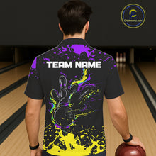 Load image into Gallery viewer, Personalized Black, Purple and Yellow Bowling Hawaiian Shirt, Bowling Ball &amp; Pins Bowling Team Shirts NQS11466