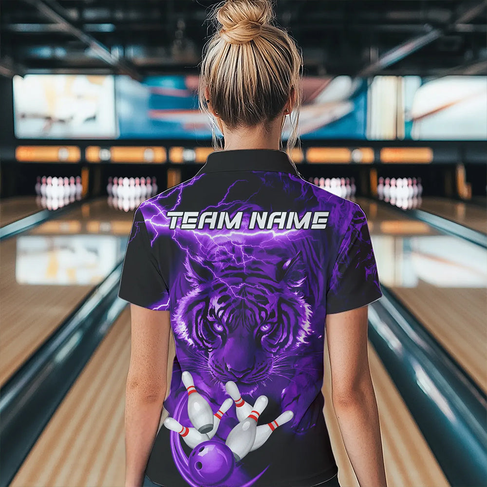 Personalized Purple Lightning Thunder Storm Tiger Bowling Shirts For Women Custom Bowling Team Jerseys NQS9684