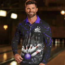 Load image into Gallery viewer, Personalized Black and Purple Camo Bowling Polo, Quarter Zip Shirts For Men Custom Bowling Team Jersey NQS9687