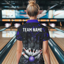 Load image into Gallery viewer, Personalized Black &amp; Purple Camo Bowling Polo, Quarter Zip Shirt For Women Custom Bowling Team Jersey NQS9687