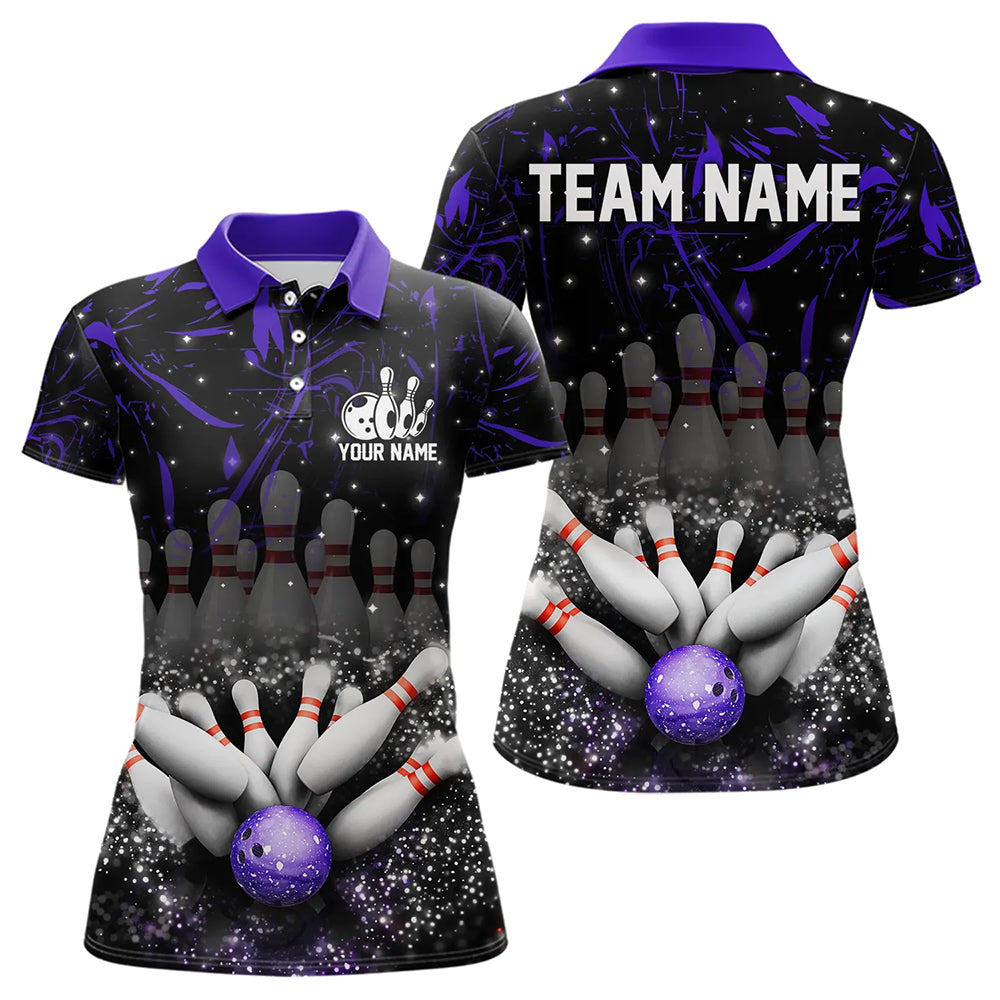 Personalized Black & Purple Camo Bowling Polo, Quarter Zip Shirt For Women Custom Bowling Team Jersey NQS9687