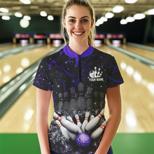 Load image into Gallery viewer, Personalized Black &amp; Purple Camo Bowling Polo, Quarter Zip Shirt For Women Custom Bowling Team Jersey NQS9687