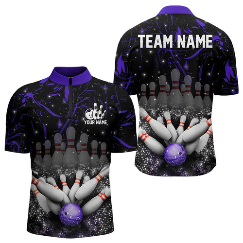 Personalized Black and Purple Camo Bowling Polo, Quarter Zip Shirts For Men Custom Bowling Team Jersey NQS9687