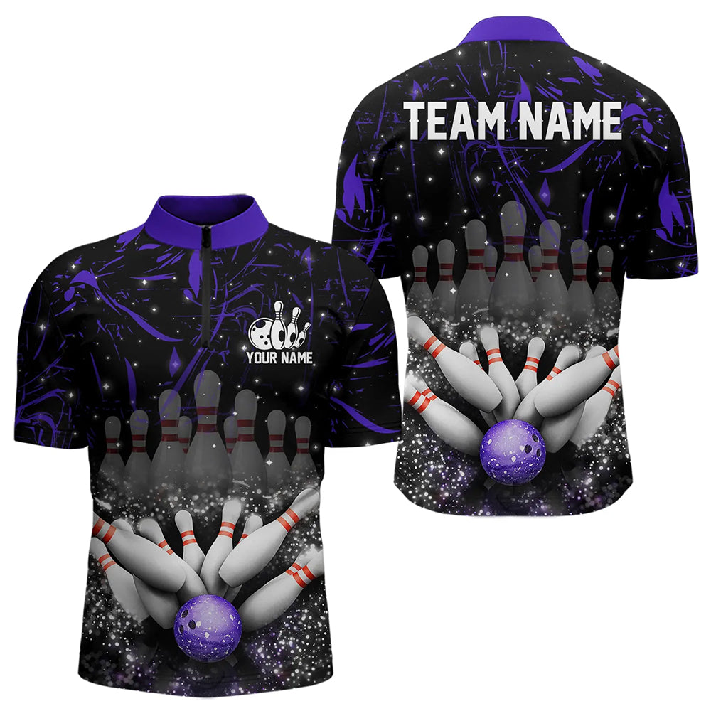 Personalized Black and Purple Camo Bowling Polo, Quarter Zip Shirts For Men Custom Bowling Team Jersey NQS9687