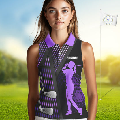 Black and purple Women Sleeveless polo shirt custom golf clubs team golf shirts, golf tops for ladies NQS10118