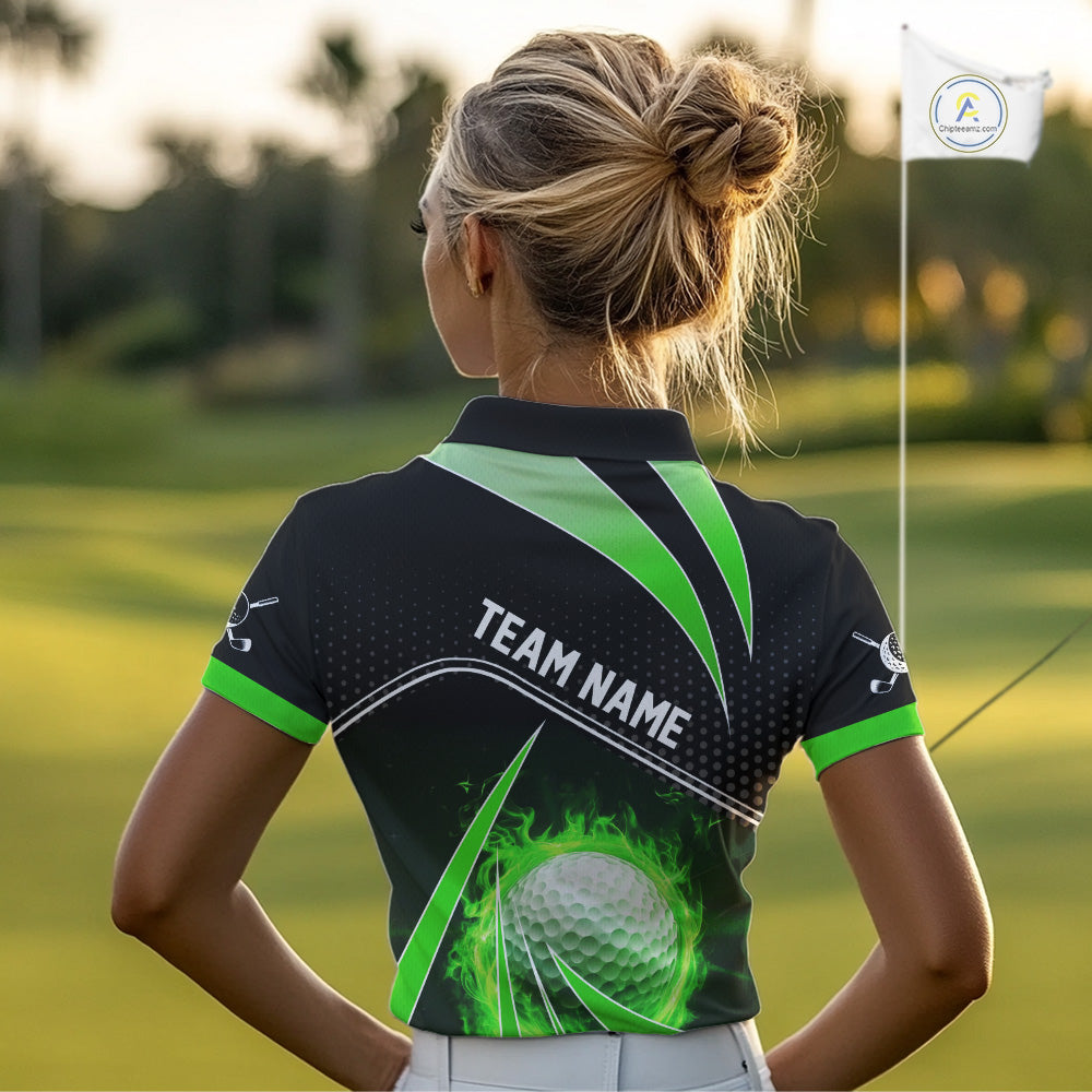 Black and Green Fire golf ball custom Women golf polo shirt, personalized ladies golf outfit for team NQS10123