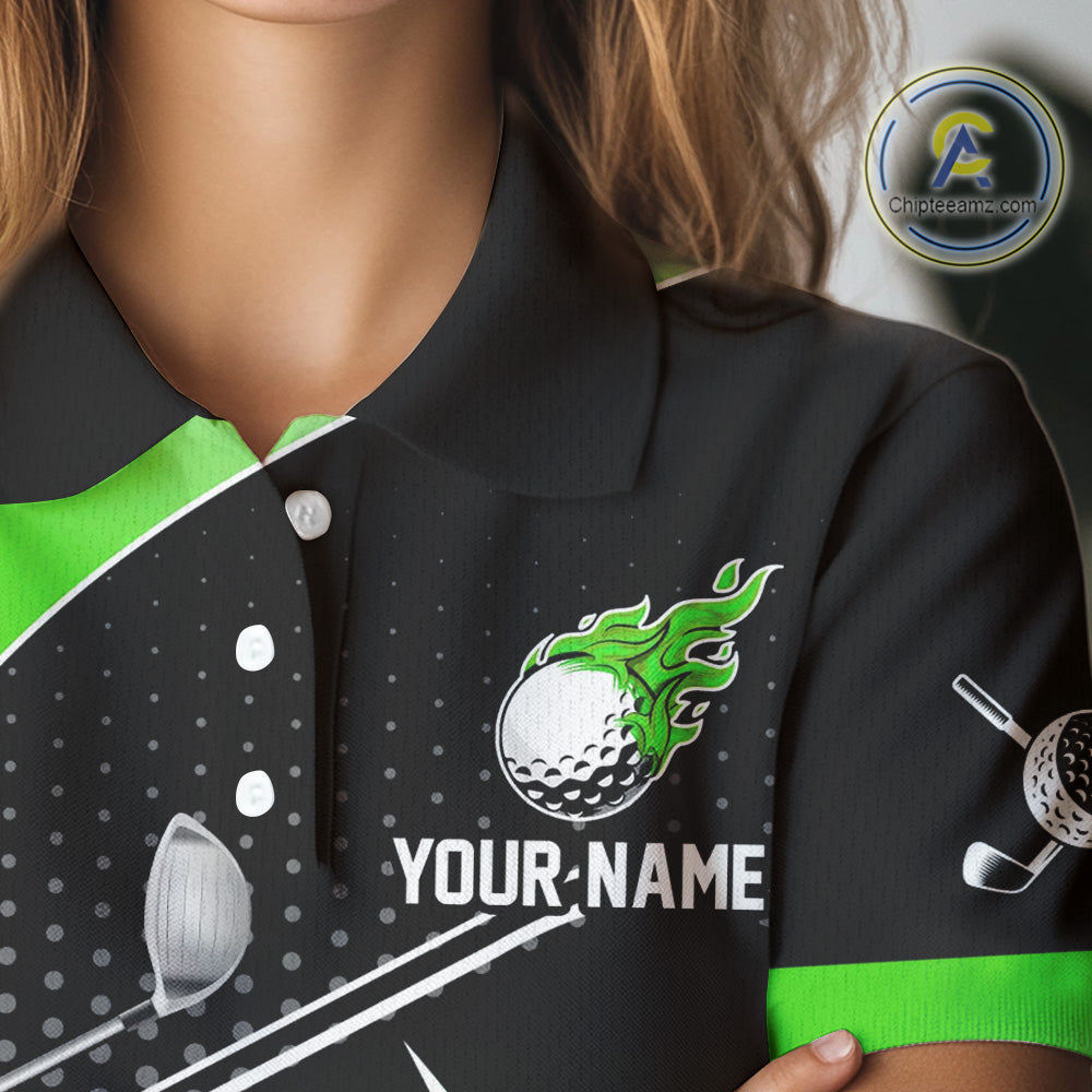 Black and Green Fire golf ball custom Women golf polo shirt, personalized ladies golf outfit for team NQS10123