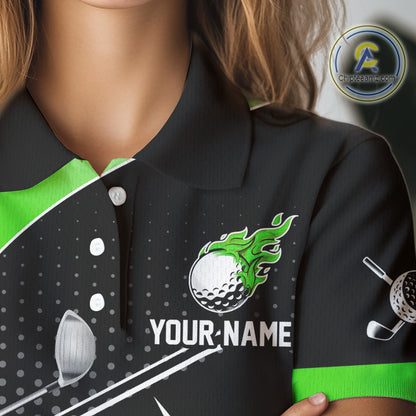 Black and Green Fire golf ball custom Women golf polo shirt, personalized ladies golf outfit for team NQS10123