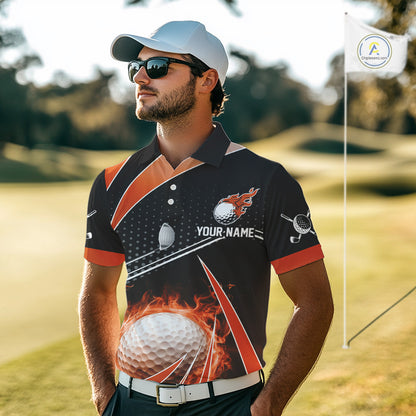 Black and Orange Fire golf ball custom Men golf polo shirts, personalized golf outfits for team men NQS10124