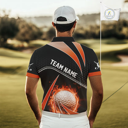 Black and Orange Fire golf ball custom Men golf polo shirts, personalized golf outfits for team men NQS10124