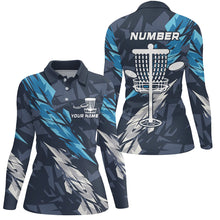 Load image into Gallery viewer, Blue camo Disc golf basket custom team disc golf polo shirt for women, disc golf attire NQS8059